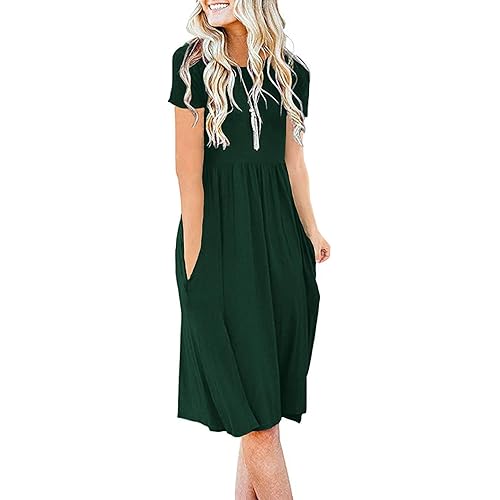 DB MOON Women Summer Casual Short Sleeve Dresses Empire Waist Dress with Pockets