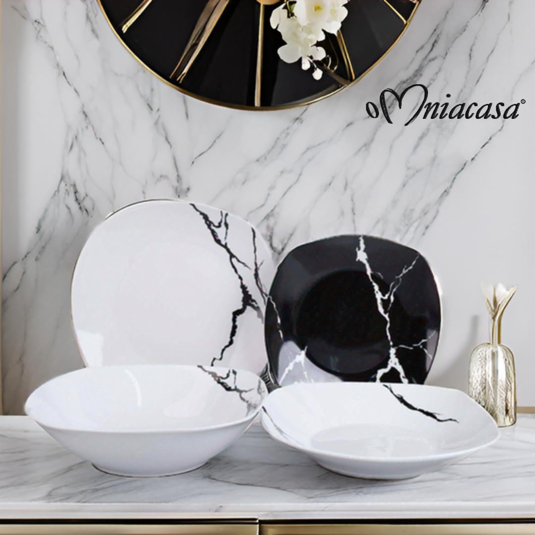 Servizio Piatti 38 Pezzi Per 12 Persone | Resistente Porcellana Bianca e Nera Design Moderno Marmorizzato Elegante Raffinato | Uso Quotidiano, Occasioni Speciali, Lavabile in Lavastoviglie