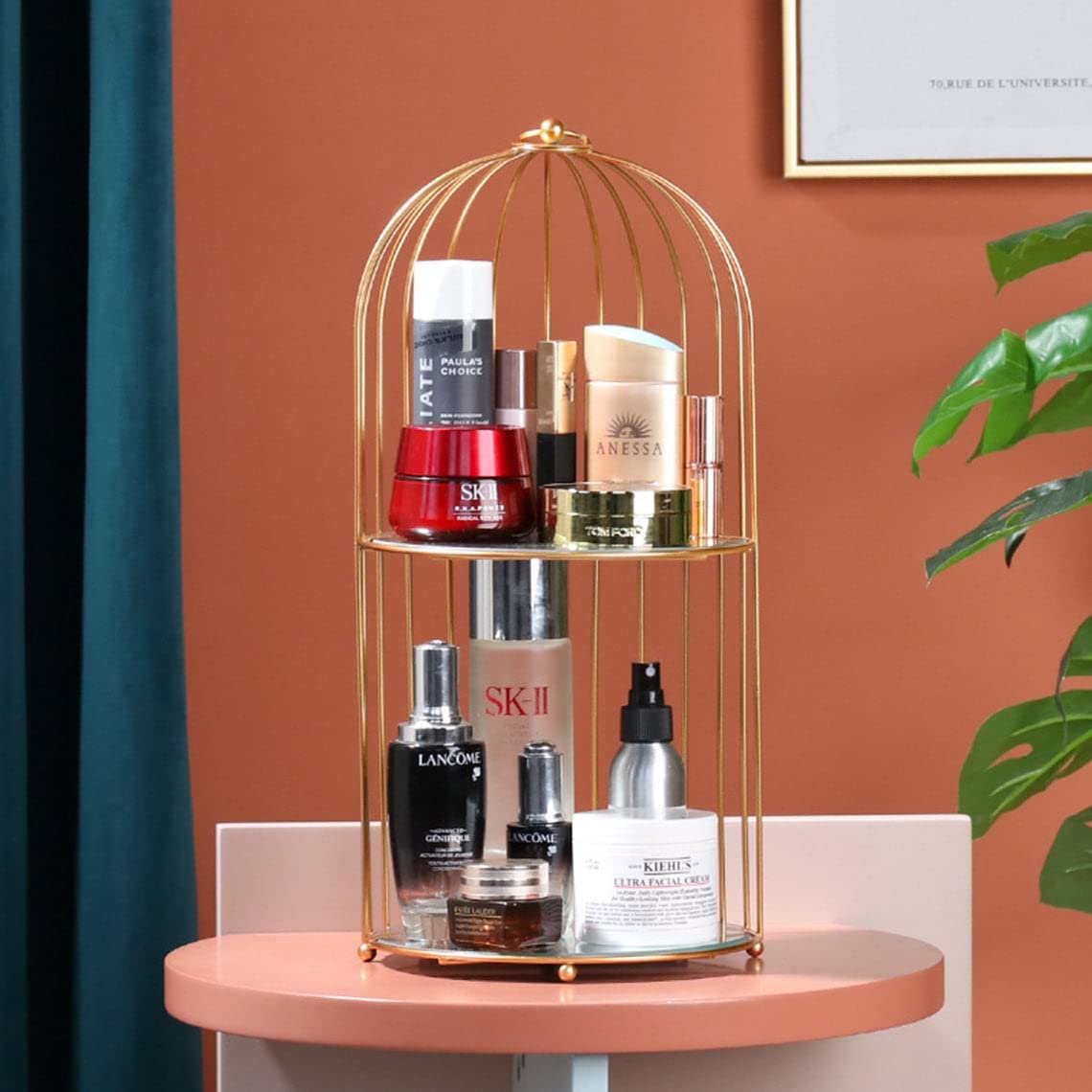 LamJum Metal Perfume Cage Organiser 2 tier with Mirror Base and Beautiful Gold Colour Decorative Cosmetics Holder Beauty Display