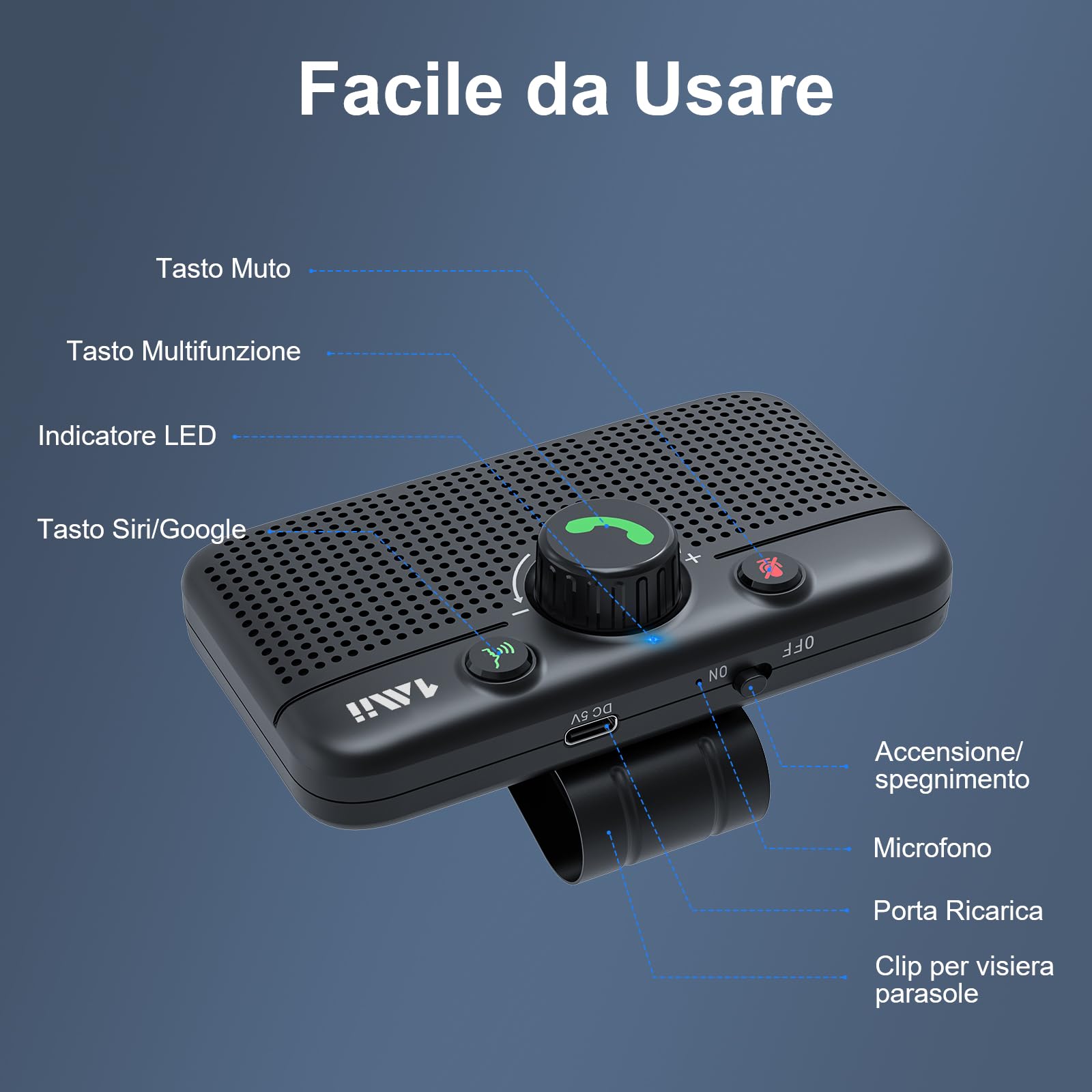 1Mii Kit Vivavoce per Auto Bluetooth 5.3 con Siri Assistente Comandi Vocali di Google Altoparlante, per Chiamate Viva Voce, GPS, Connessione Automatica, Altoparlante da 3W, Connettività Dual Link