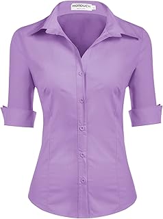 Womens 3/4 Sleeve Button Down Shirt Slim Fit Work Blouses Cotton Dress S...
