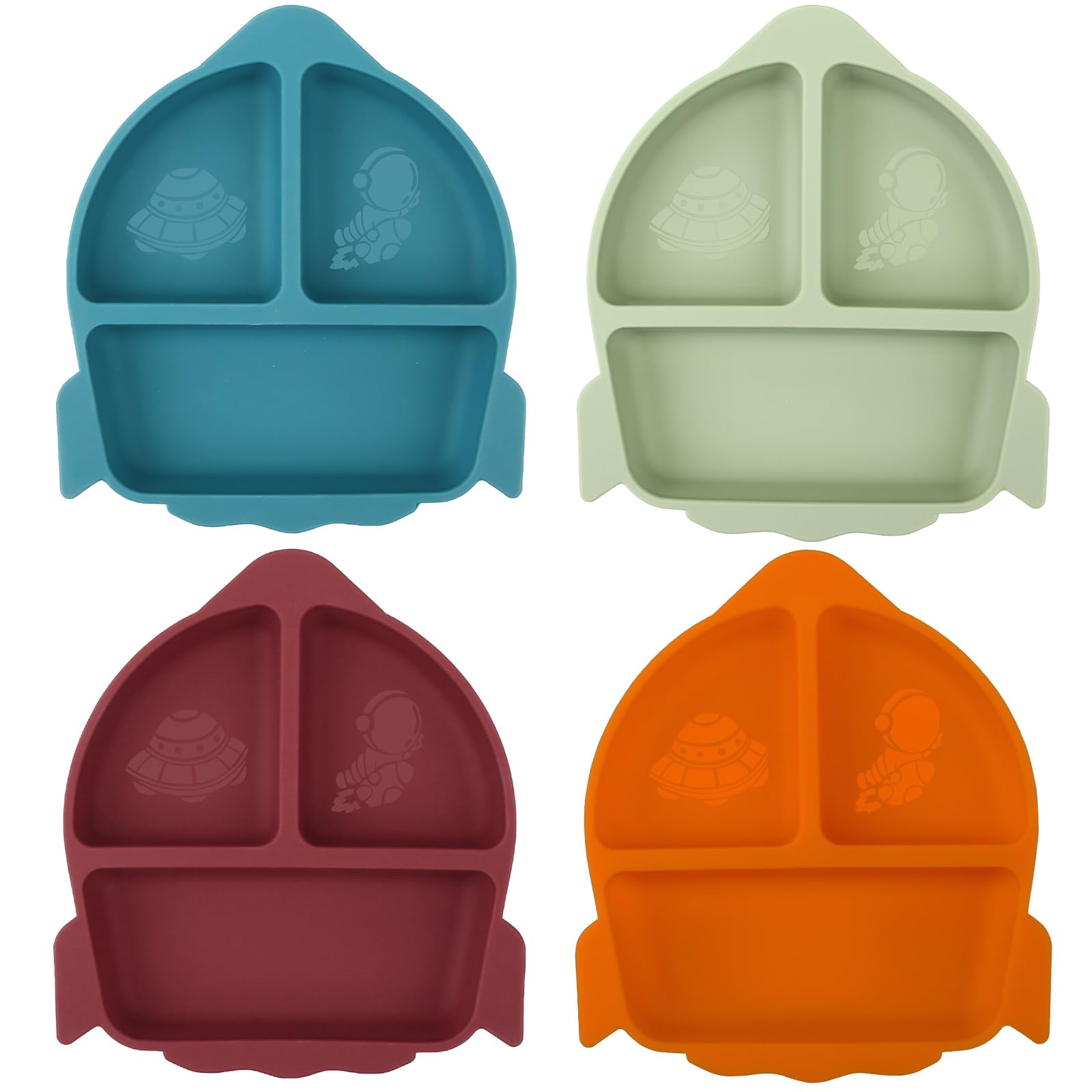 Set 2 Piatti Divisi Per Bambini Con Ventosa E Posate In Silicone – Forma Razzo, Antiscivolo, Senza BPA, Verde/Arancione