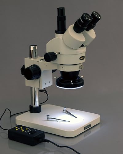 Miniatura 2 de AmScope SM-1TSY-144A Microscopio de zoom estéreo trinocular profesional, ocular WH10x, aumento 7X-90X, objetivo de zoom 0.7X-4.5X, anillo de luz LED