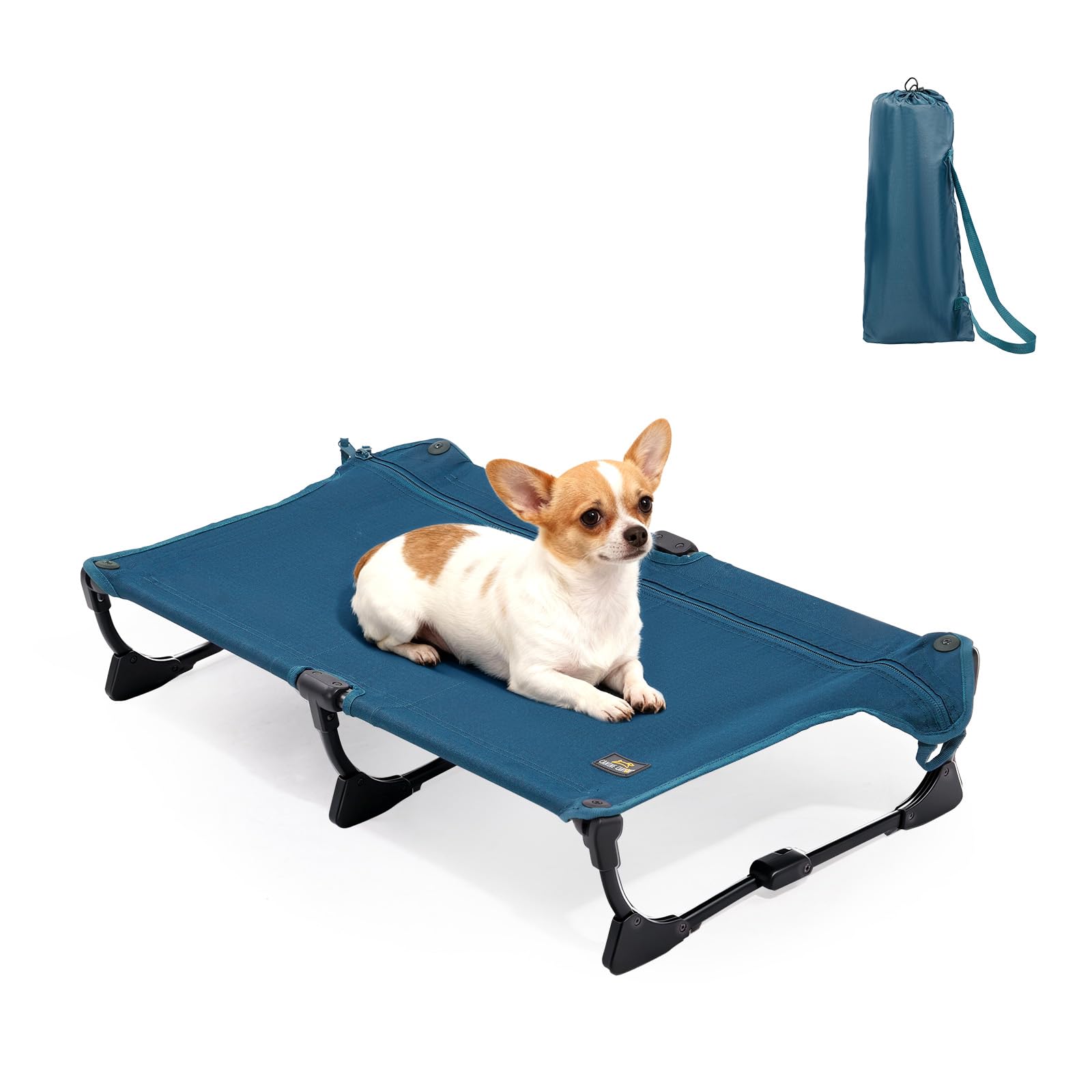 CANINE CANYON Upgraded Non-Slip Daisy Cot, Medium Foldable Elevated Dog Bed, Portable Raised Outdoor Dog Cot for Camping/Home, Chew Proof Waterproof Heavy Duty Up to 160 Lbs, Dark Blue, 32"x 23"