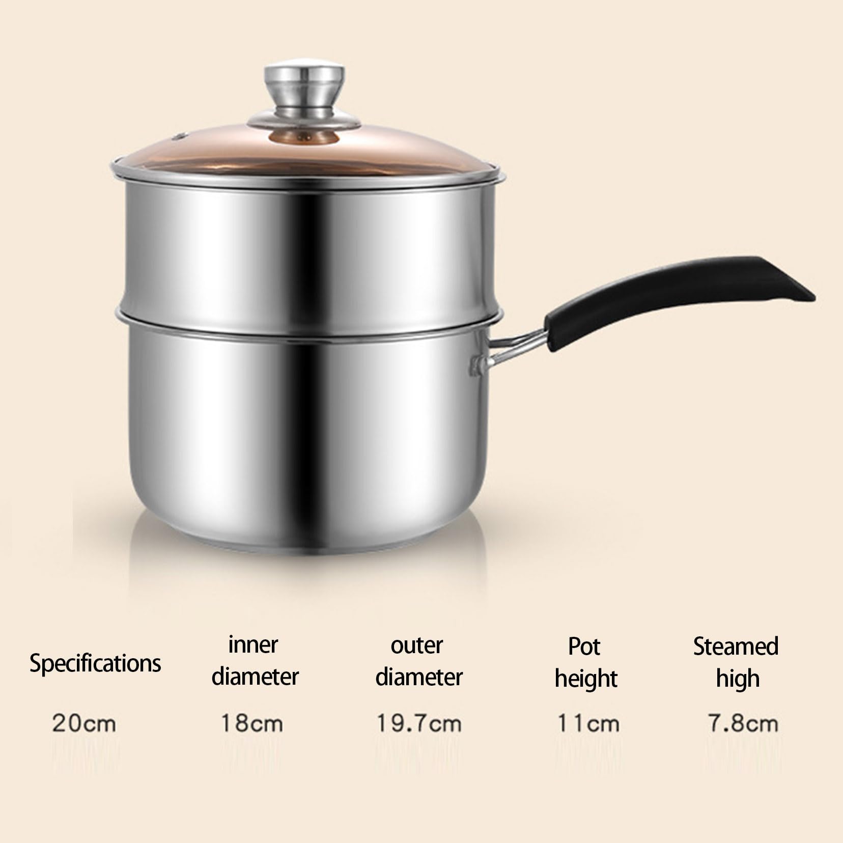 Cacerola de acero inoxidable de 20 cm con tapa de cristal, olla profesional para cocina doméstica, mango resistente al calor, acabado espejo, fácil de limpiar