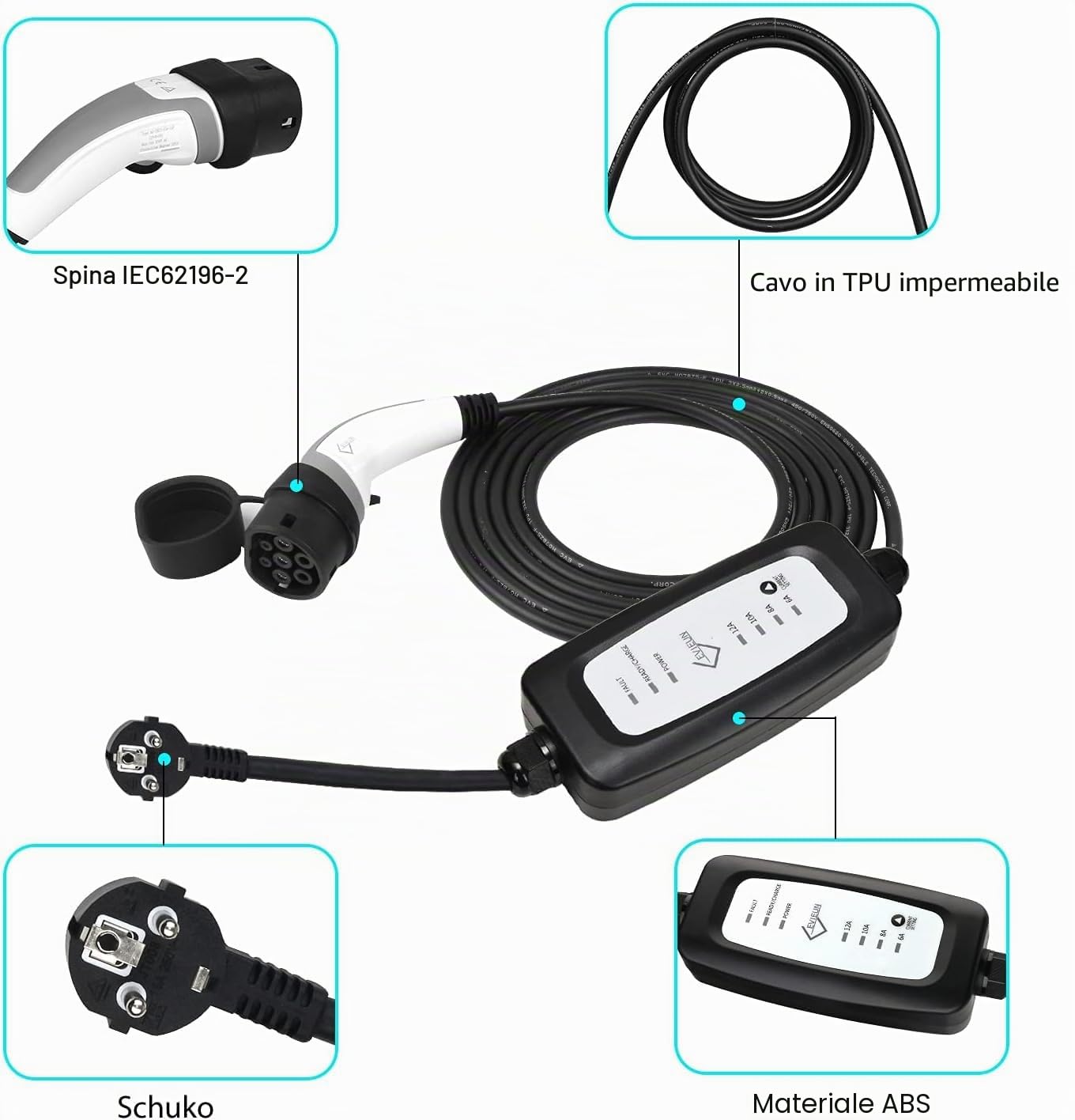 EV Cavo di Ricarica 7 Metri,EV Charger Tipo 2 Ricarica Portatile Standard Europeo con Scatola di Ricarica Commutabile 6-16A Schuko 2 Pin (Spina di Euro) 3.6KW