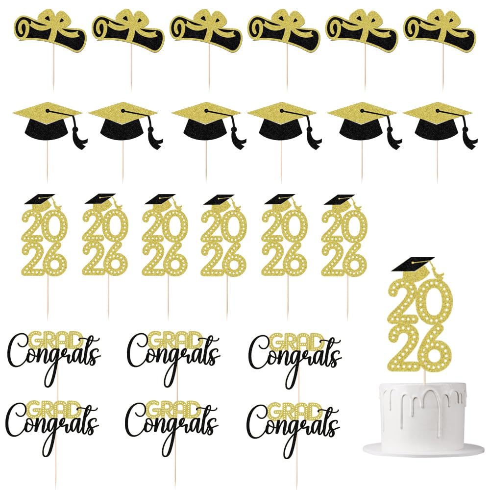 Leetaivie 24 Pcs Graduation Cupcake Topper, Congrats Grad Decorations, Class of 2026 Cupcake Topper Graduate Cake Decorations, Senior High School College Grad Celebrations Party Decoration Supplies