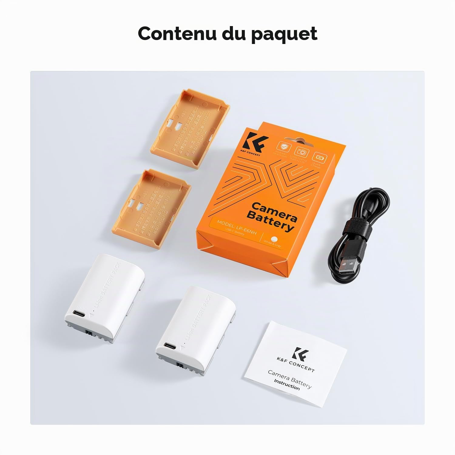 K&F CONCEPT LP-E6NH Batterie 2600mAh Grande Capacité avec Interface de Charge Directe de Type C Compatible avec Canon EOS 90D/80D/70D/5D Mark II III IV/5DS SR/6D/6D Mark II/R5 R6 R6 II R7 (2 Batterie)