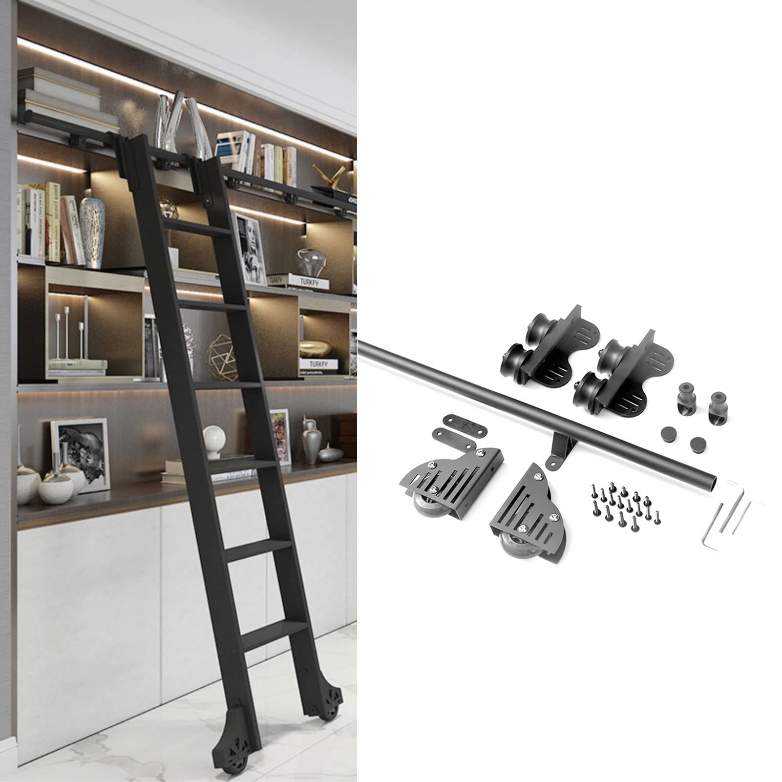 Échelle coulissante de bibliothèque et kit porte de grange pour optimiser le salon