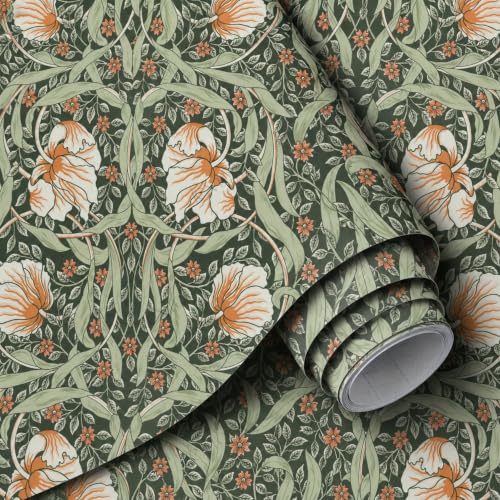 Image of Sage Green Vintage Floral Peel and Stick Wallpaper - Elegant Botanical Self Adhesive Wallpaper Roll for Living Room, Bedroom, Hallway, Accent Wall, Cabinet & Furniture