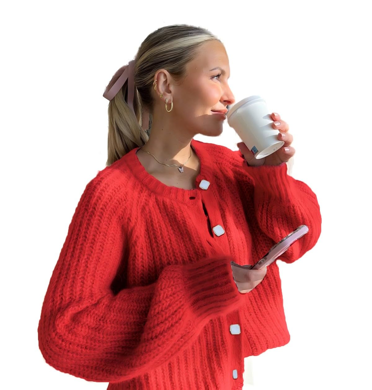 Womens 2025 Fall Cardigan Sweater Soft Chunky Knit Cardigan Crewneck Button Down Cropped Cardigan Outwear