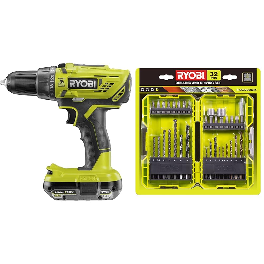 Ryobi - Perceuse-visseuse à percussion BRUSHLESS 18V - 2 vitesses - 50 Nm - 500-1 800 tr/min & Coffret Empilable 32 Accessoires Mixtes Perçage - Vissage - Boulonnage + 1 Porte-embout PH