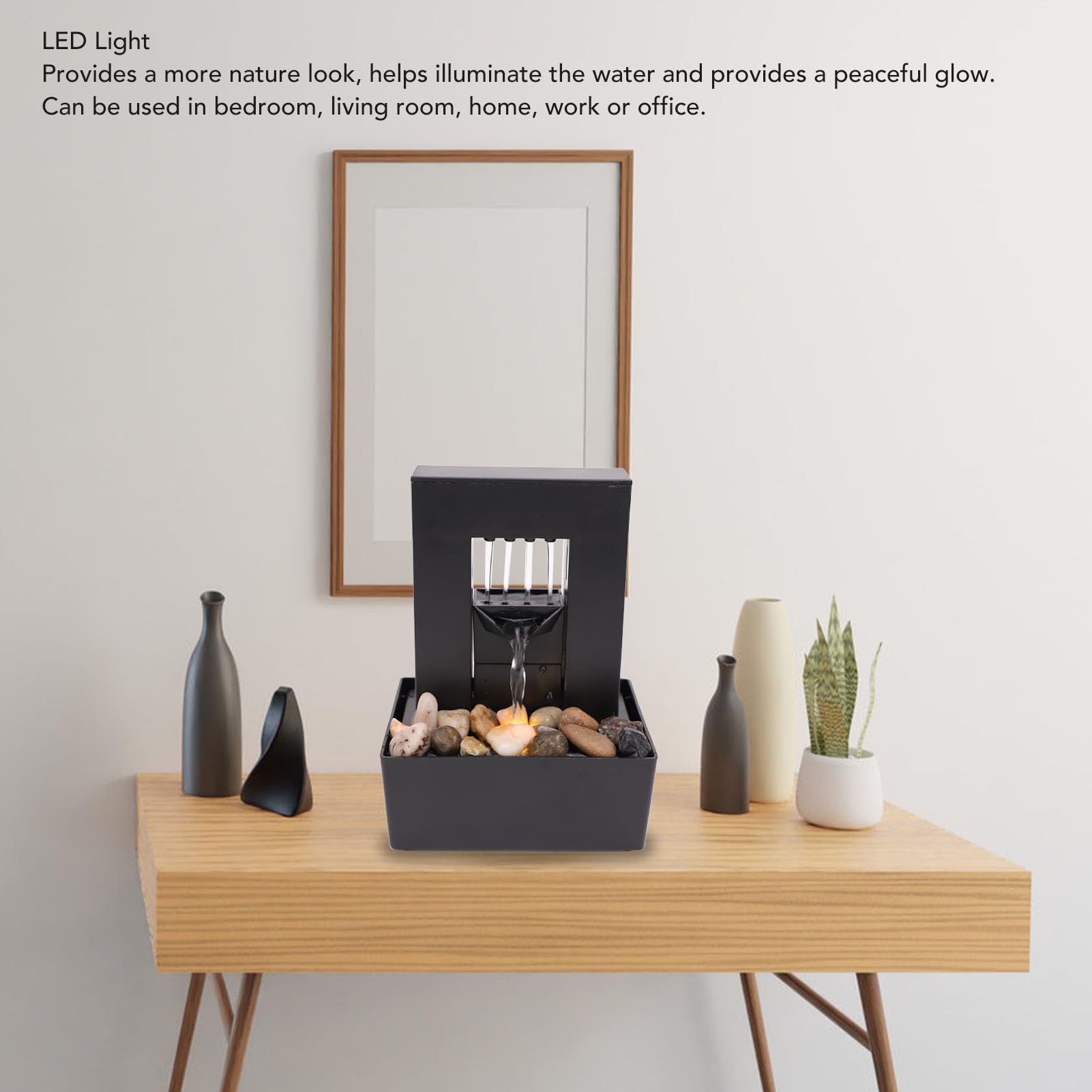 Generic Fuente Decorativa para Interiores, Fuente de Agua de Mesa con Luz LED y Guijarros Pulidos, para el Hogar, Oficina, Sala de Estar y Dormitorio