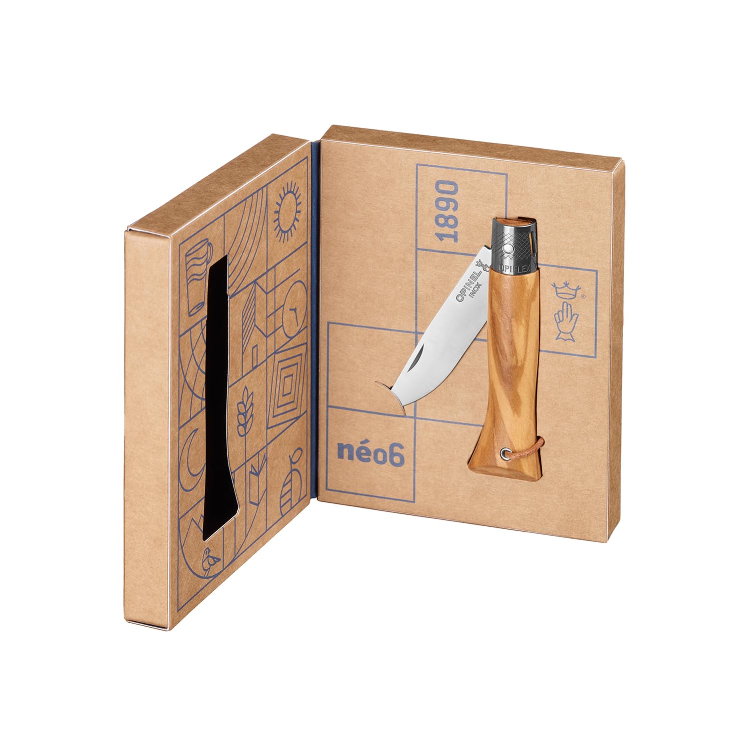 OPINEL - neo6 Opiflex Olivier - Coltello Tascabile Tradizionale - Lama 7 cm in Acciaio Inox, Manico in Legno d'Ulivo Verniciato a Grana Mediterranea, OPIFLEX Senza Blocco, Laccetto in Pelle