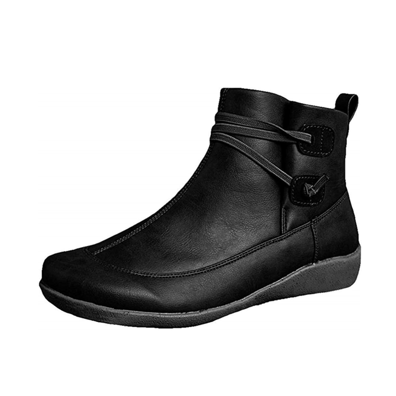 Womens Flat Roman Ankle Boots Vintage Leather Round Toe Shoes Flat Heel Booties Arch Support No Heel Lace