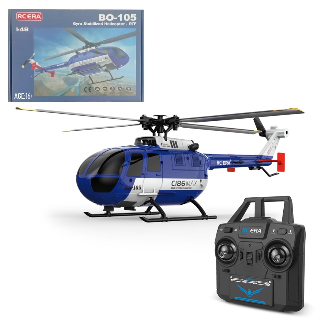 Remote Control Helicopter for Adult, C186 MAX BO105 Gunship Helicopter RC 4CH Single Flybarless Aircraft with 6-Axis Gyro - RTF Total Control Version