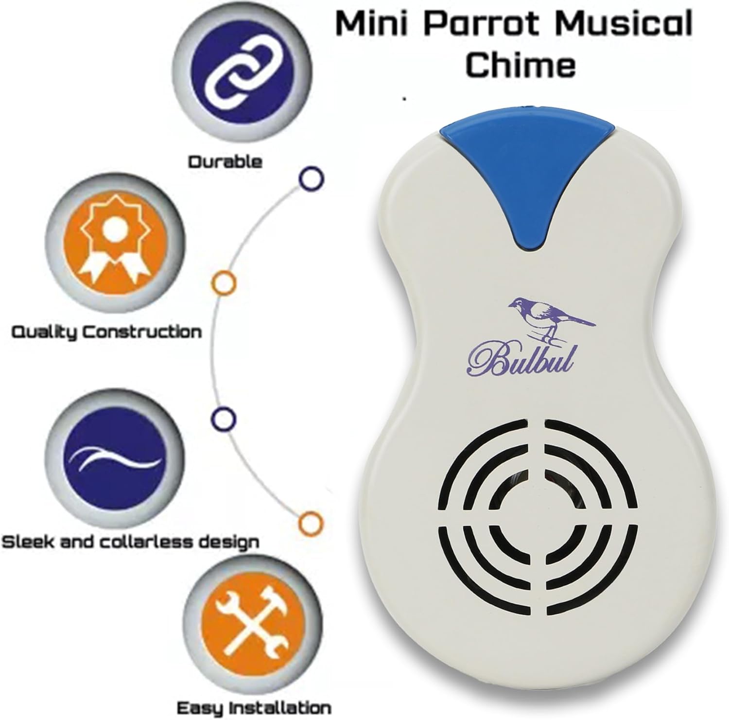 Mini Parrot Musical Doorbell, Wired Electric Door Chime, White with Blue Accent, 220V AC, Easy Installation