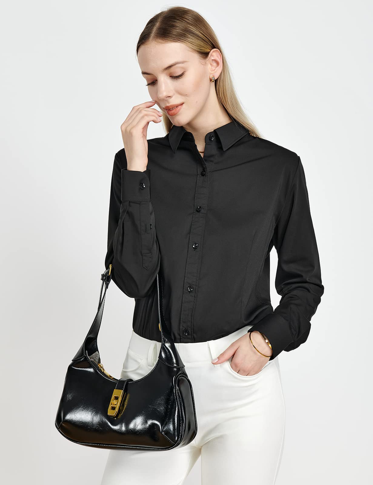 Tapata Camicetta da Donna con Bottoni, Pezzo Unico, Maniche Lunghe, Camicia da Lavoro Solida per L'Ufficio, Top Casual