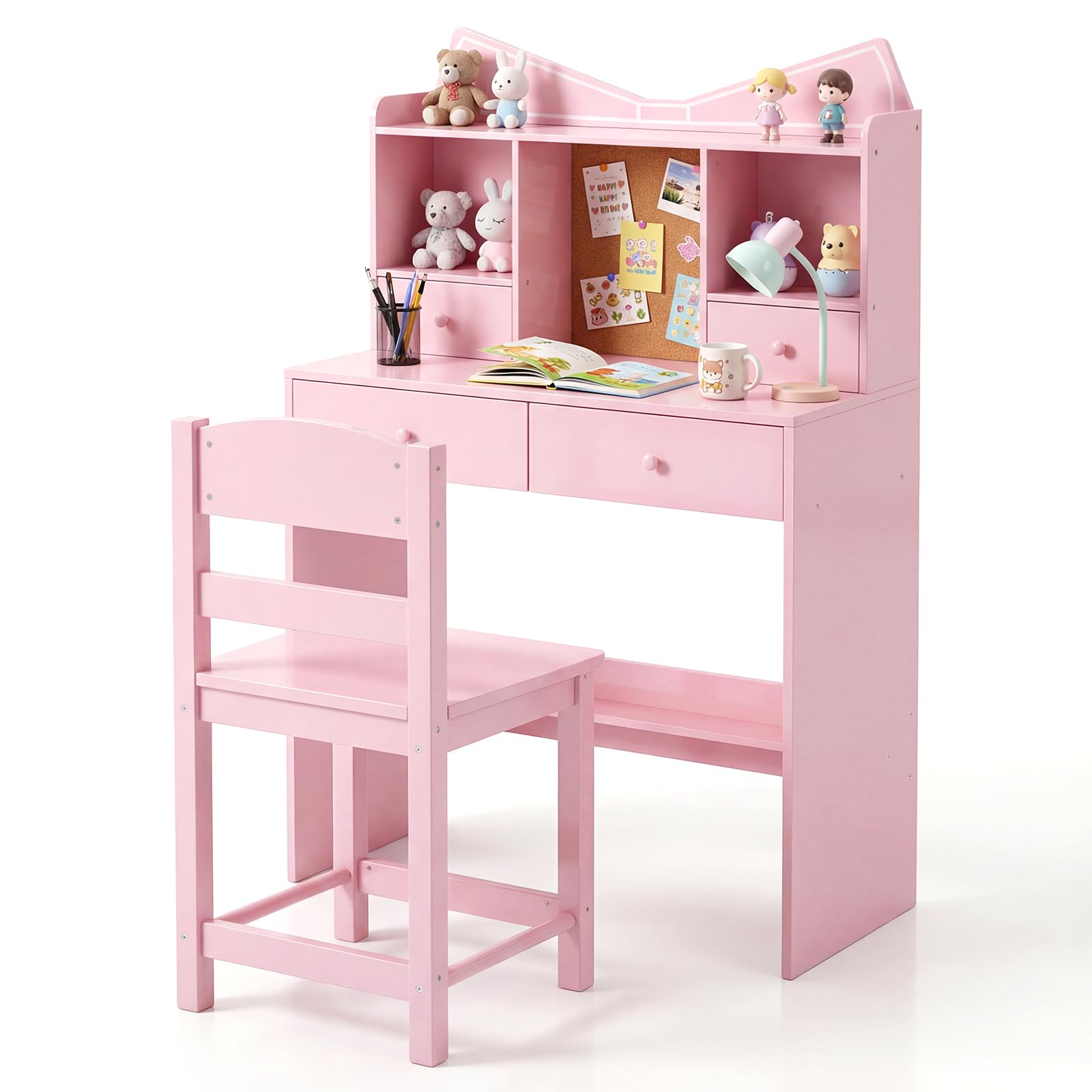 COSTWAY Kids Desk and Chair Set, Wooden Student Study Table with Drawers, Open Shelves, Cork Bulletin Board, Children Computer Workstation for 3-7 Years Old (Pink)