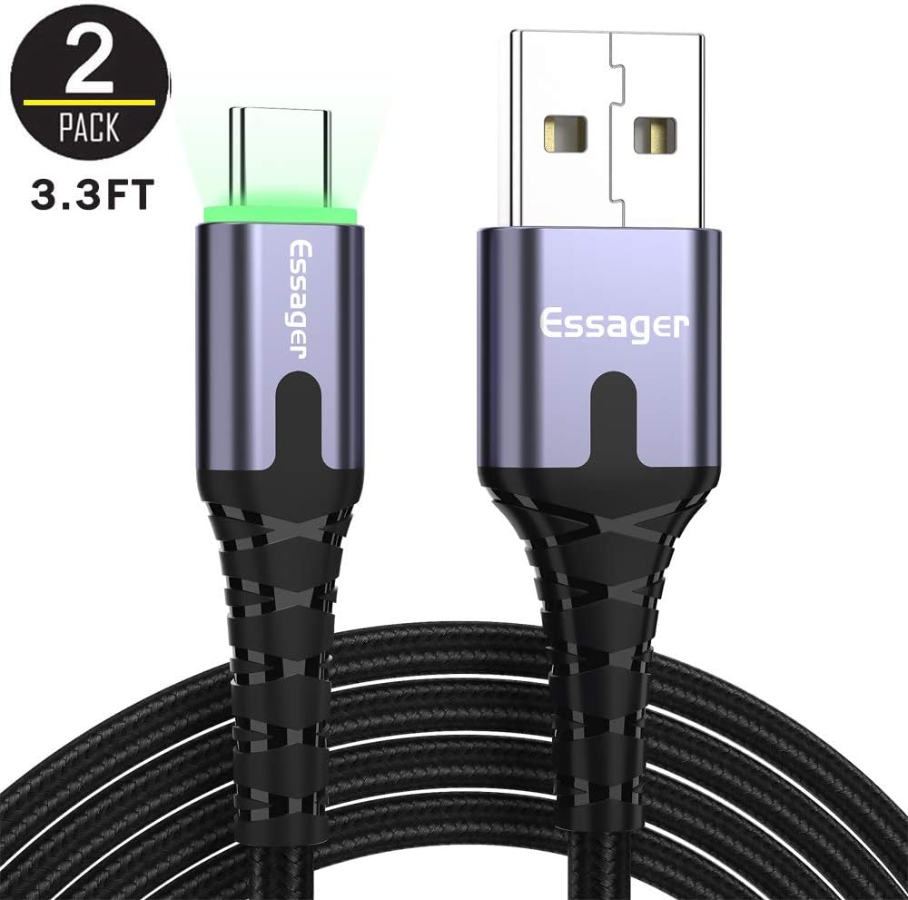 RIOTECH 3.3FT USB A 2.0 to USB-C Fast Charger Nylon Braided 3A (5V) USB Type C Cable with LED Light for S10 S9 S8 Plus Note 9 and More (Black) - Pack of 2