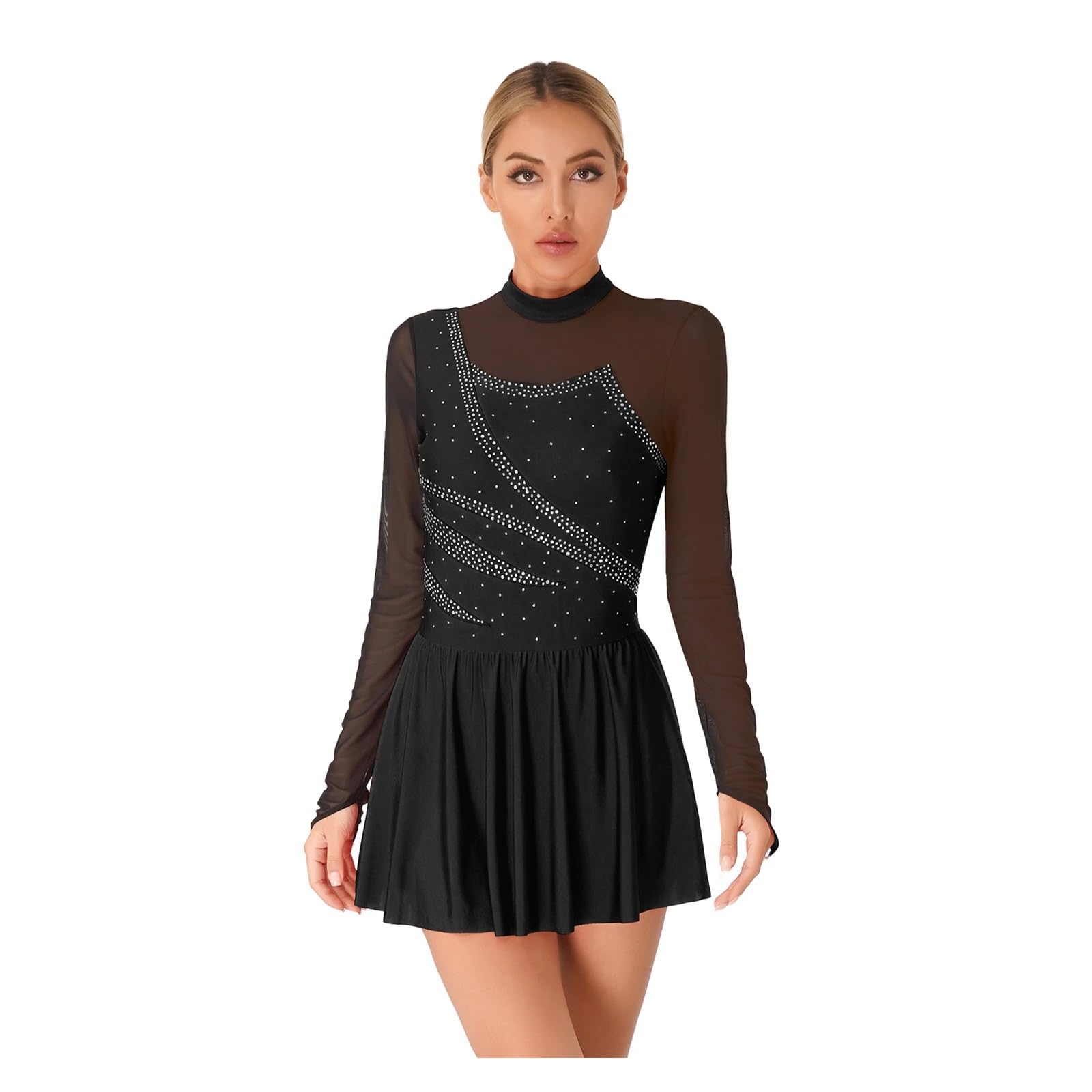 Damen Eiskunstlaufkleider Performance Strass Ballett Tanz Trikot Kleid Transparentes Netz Langarm Eislaufen Kostüme FüR MäDchen Und Damen