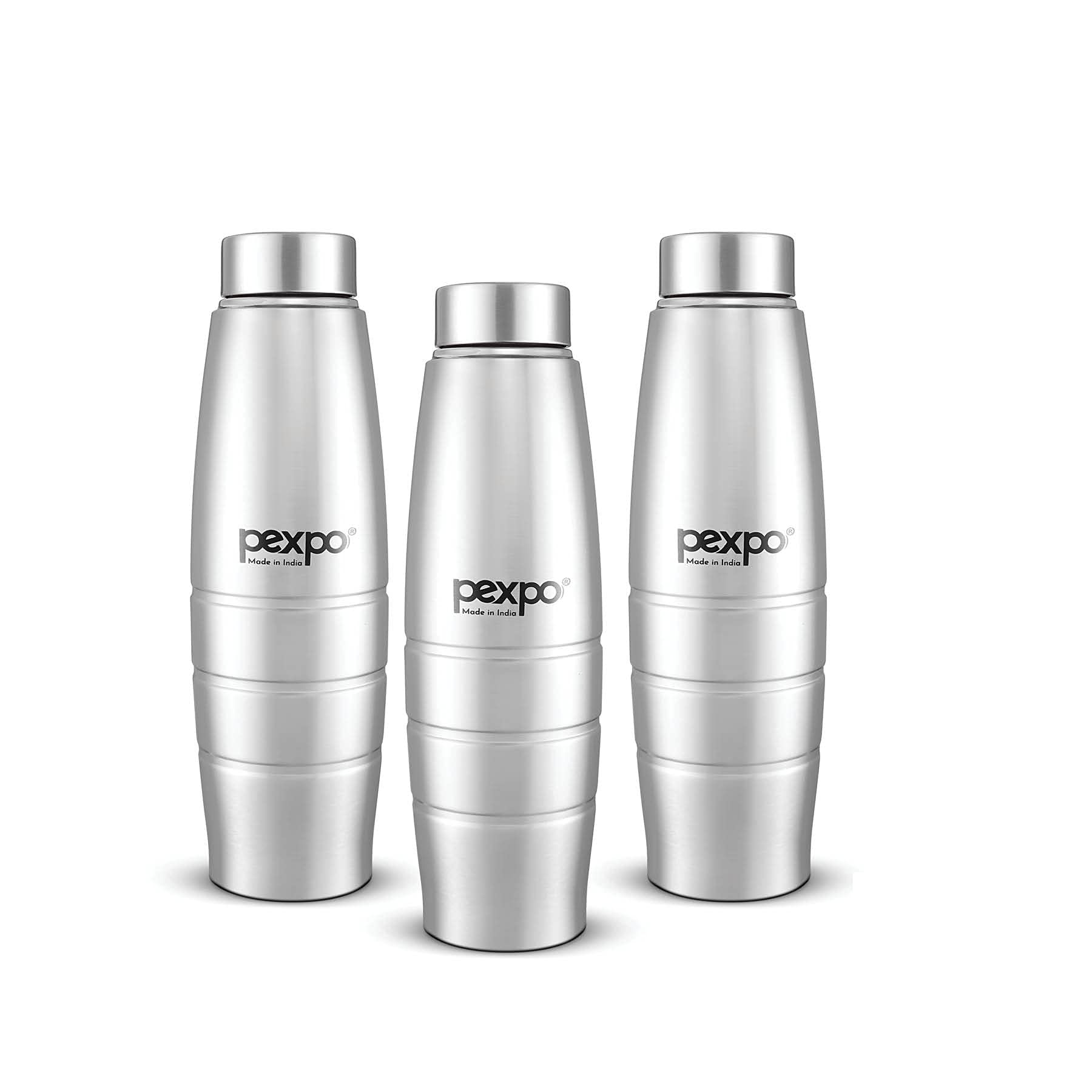 PEXPOStainless Steel Fridge Water Bottle, 1L, Pack of 3 Silver, Duro | Eco-Friendly Water Bottle with 3X Powder Coating