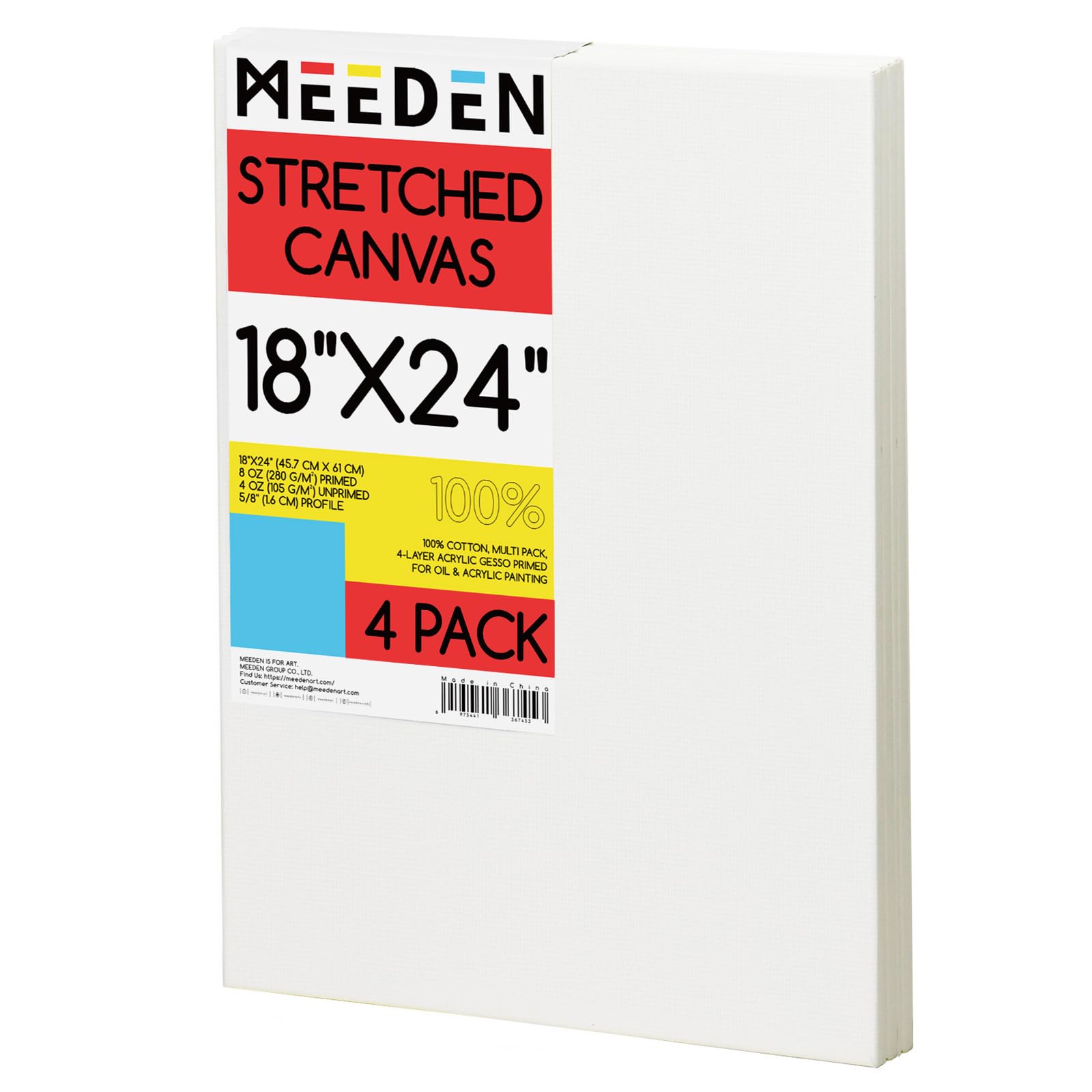MEEDEN Lienzo estirado de 18 x 24 pulgadas, paquete de 4, lienzos blancos en blanco para pintura, 100 % algodón, imprimado con gesso de 14 onzas, lienzo preestirado para verter aceite acrílico y