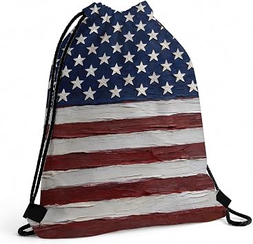 Drawstring Backpack, Vintage American Flag Gym Bag, Rustic Wood Texture Sackpack for July 4th Parade Beach Pool Travel, Raised Star Stripe Independence Day Cinch Pack, 16.5 x 13.5 Inches