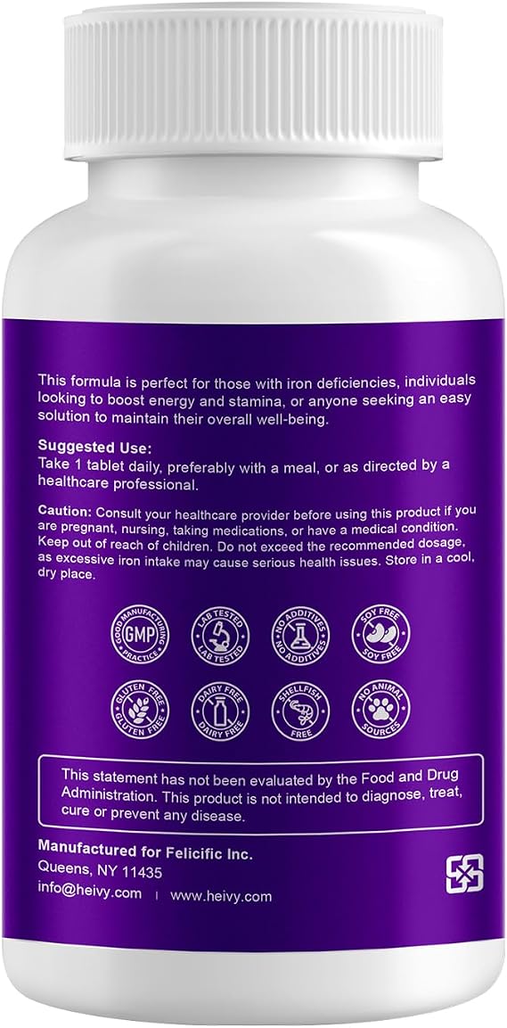 Heivy Iron Supplement Ferrous Sulfate 325mg with Vitamin C, 240 Vegan Tablets (8 Month Supply) - 65mg Elemental Iron - Non-GMO, Vegan, Highly Absorbable
