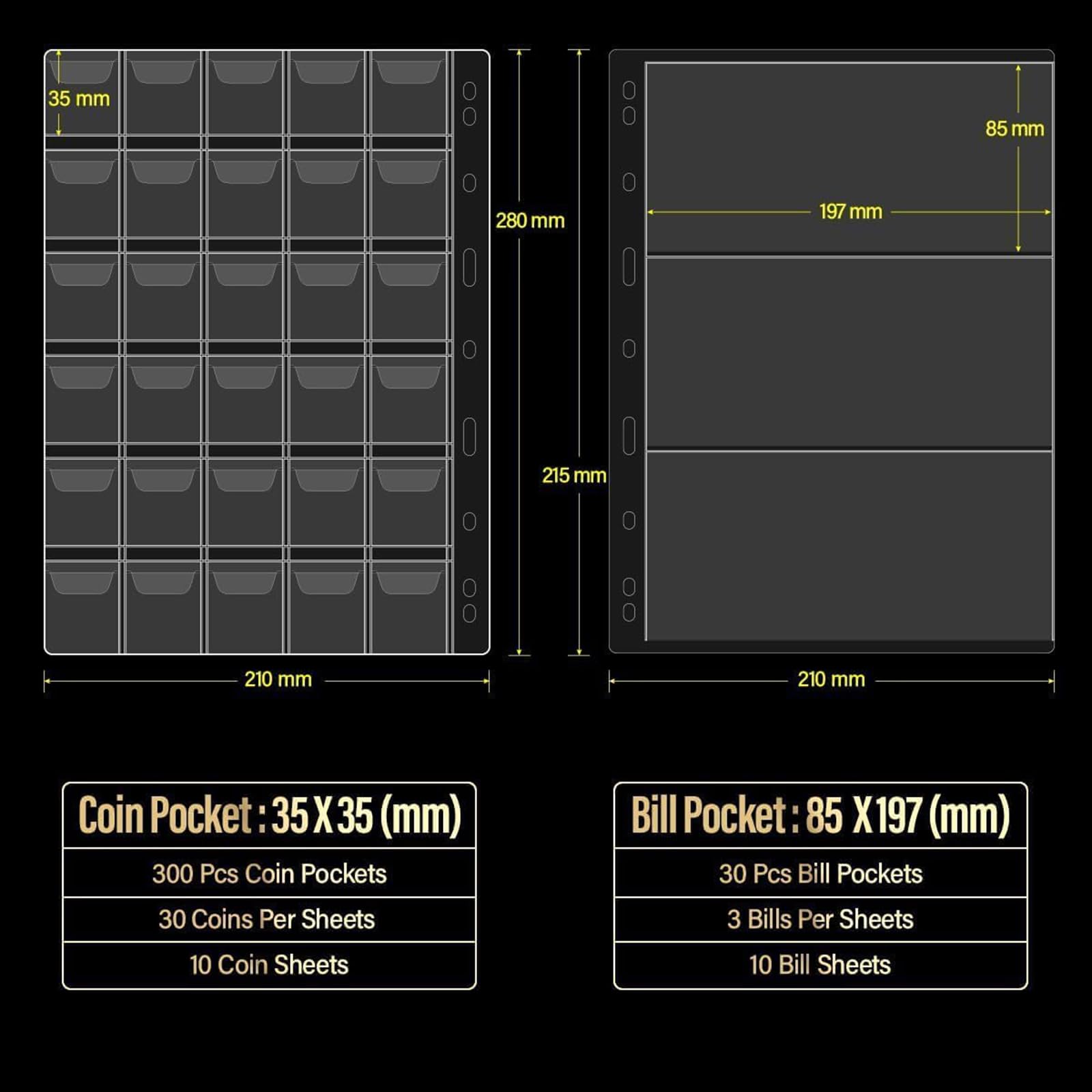 Amazon.com: Silph PLC 硬幣收藏書架,適用於收藏家,硬幣相冊活頁夾收納盒,用於貨幣收藏用品- [300 個硬幣口袋+30  個鈔票口袋] : 辦公用品