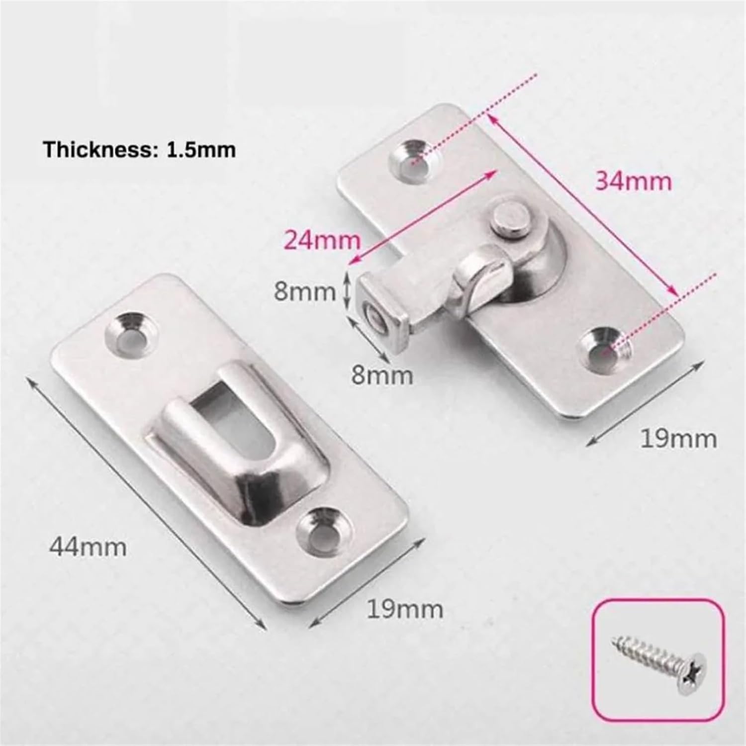 Door Lock 90 Degree Barn Door Latch Bolt Stainless Steel Hook Latch Window Cabinet Locks Right Angle Sliding Gate Lock Hardware 1Pcs(Silver)