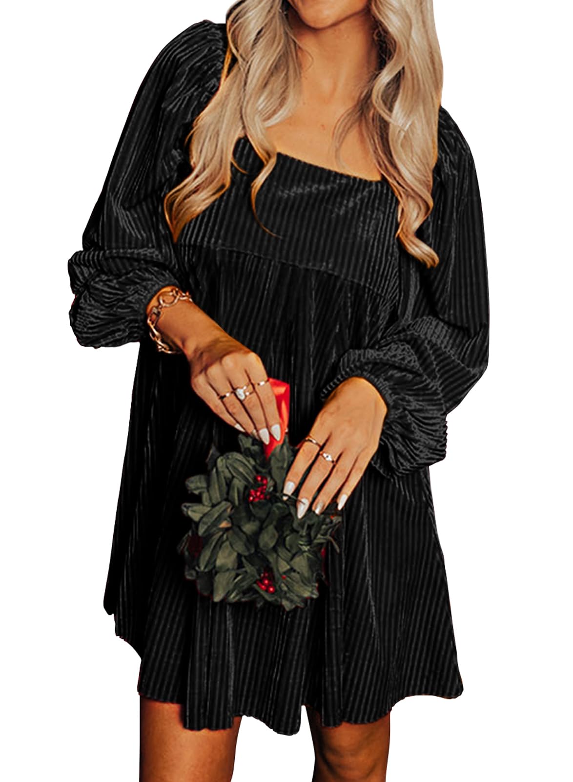 miduo Womens Loose Fit Square Neck Long Sleeve Velvet Mini Babydoll Dresses Shift Dress