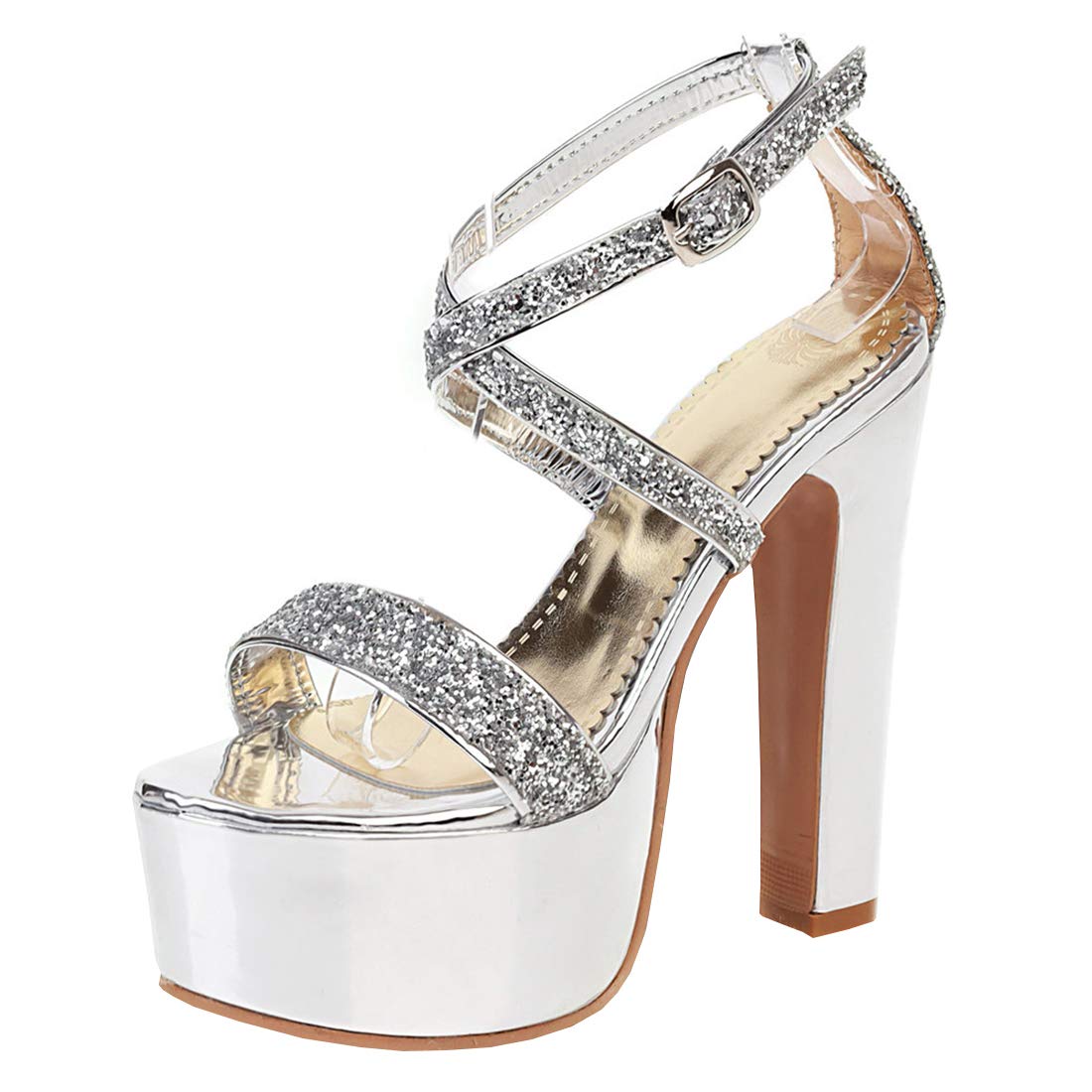 Etebella Damen Glitzer Riemchen Sandalen Plateau Blockabsatz High Heels Sandaletten Elegante Hochzeit Braut Schuhe
