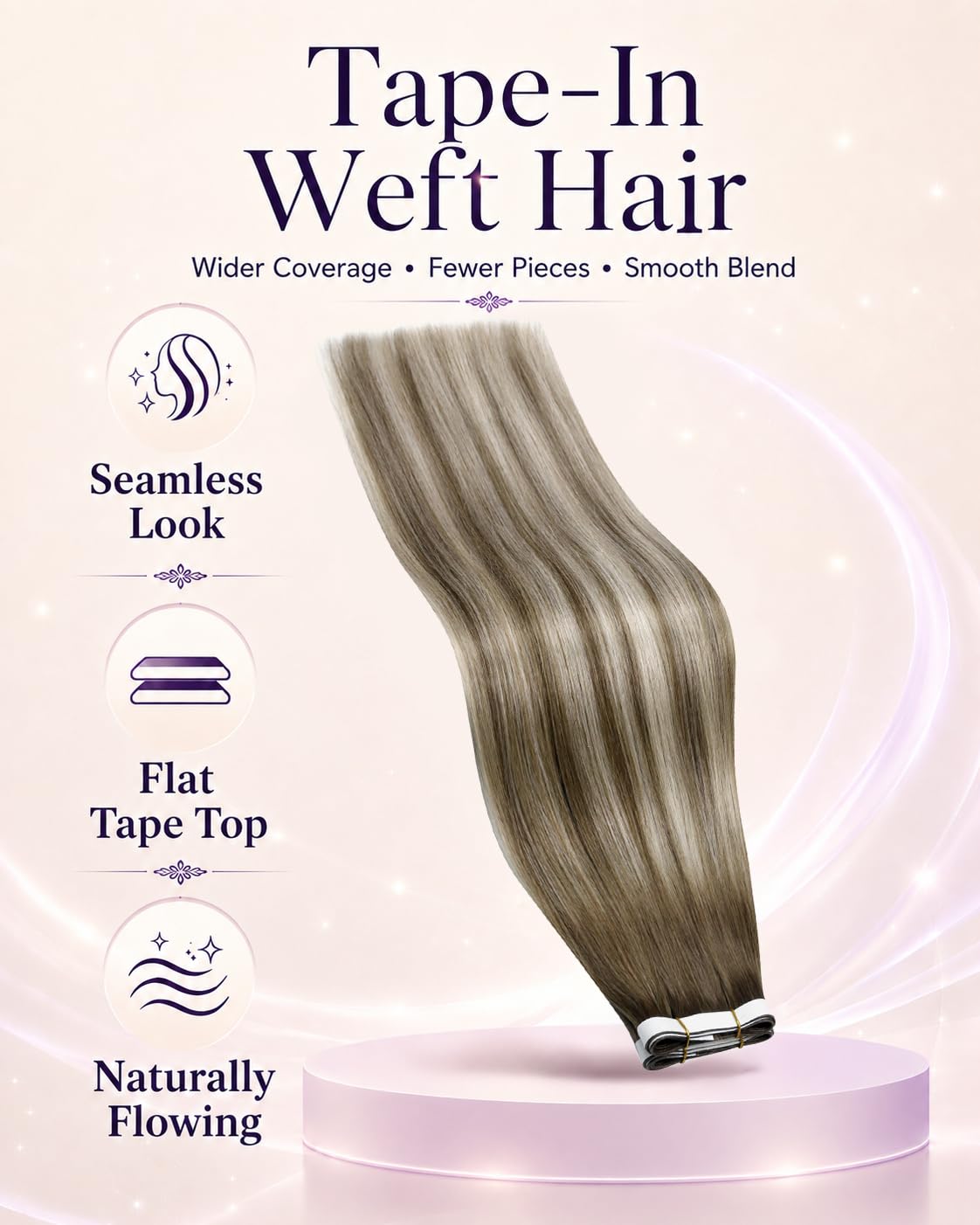 LaaVoo Extension Adhesive Cheveux Naturel Balayage Brun Clair Blanc 40cm