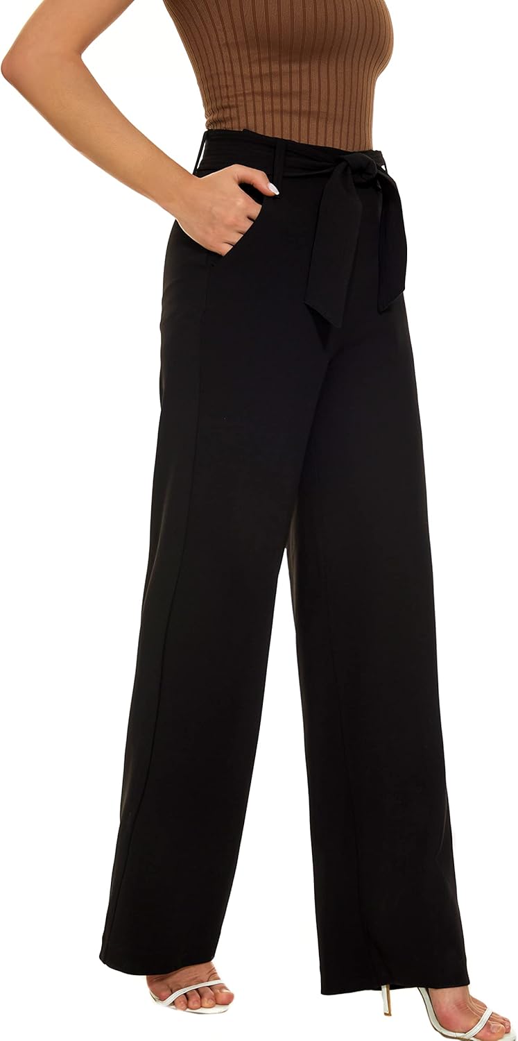 Women's Casual High Waisted Wide Leg Dress Pants with Pockets and Belt - Image 4