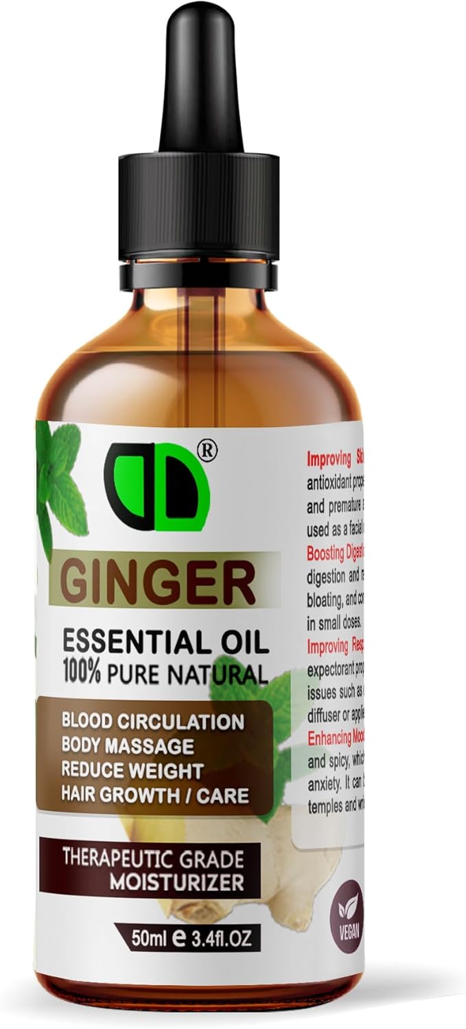 50ML Dropper | DD 100% Pure Natural Ginger Essential Oil | Perfect for Aromatherapy, Diffusers | Great for Skin and Hair Care | Respiratory Health | Pain Relief | Mood Enhancer