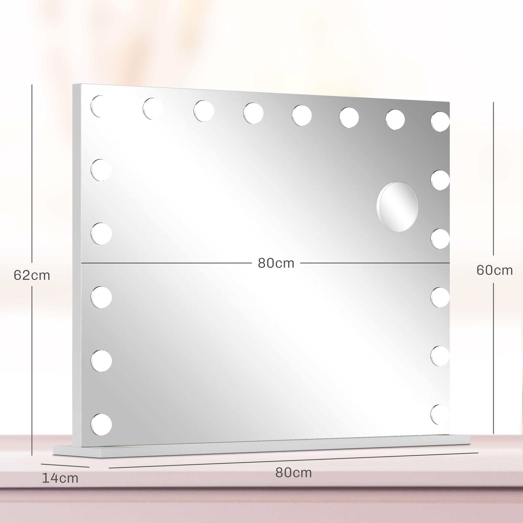 HOMCOM Miroir Maquillage Hollywood Lumineux LED Intensité Réglable 80x62cm | Miroir Grossissan, Port de Charge USB, Support de Téléphone