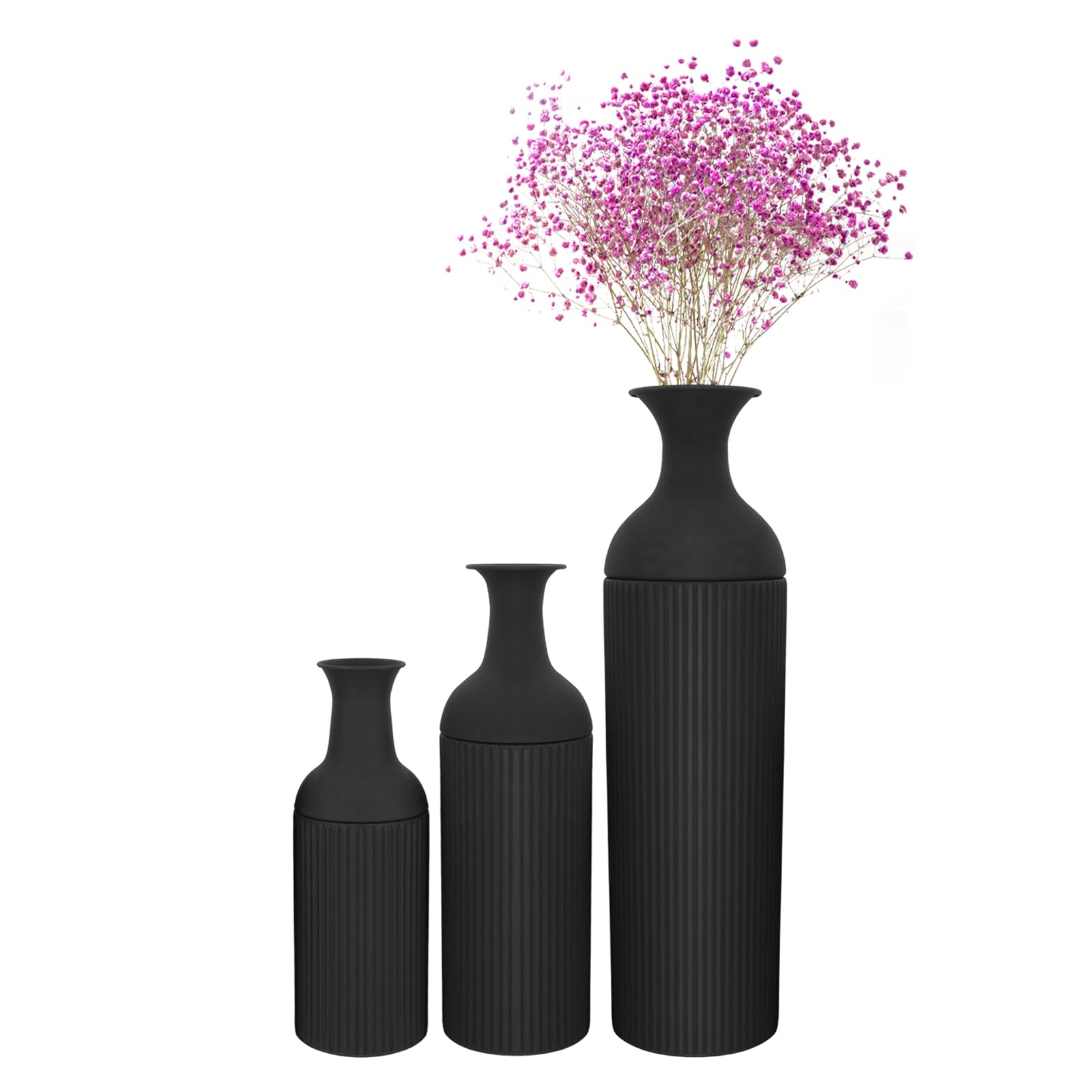 3 Set Standvase aus Metall, Blumenvase Modern Schmale Vasen Keramik Vasen Bodenvase Fußbodenvase mit Natürlicher Textur für Kamin Schlafzimmer,Küche,Wohnzimmer, Schreibtisch (Schwarz)