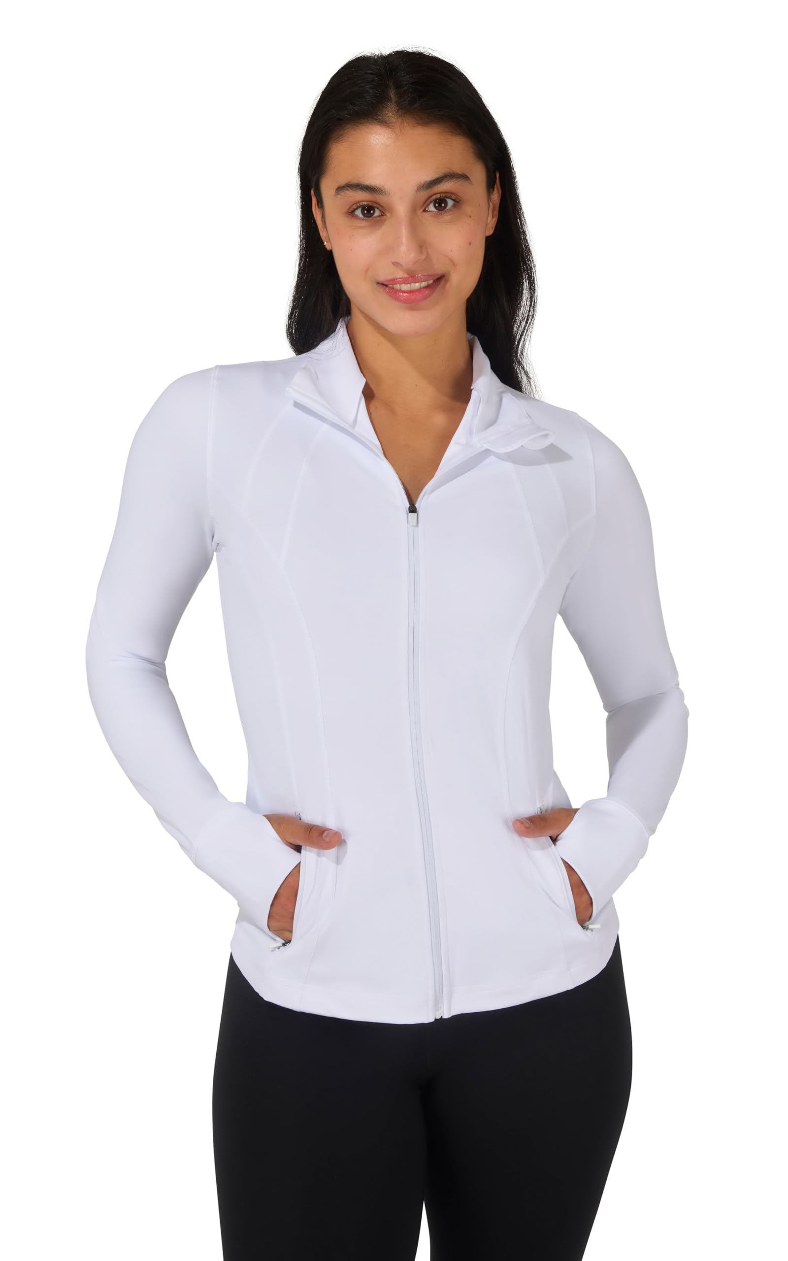 90 Degree By Reflex Full Zip Running Track Jacket Lightweight Athletic Slim Fit Jacket with Thumbholes, White, S