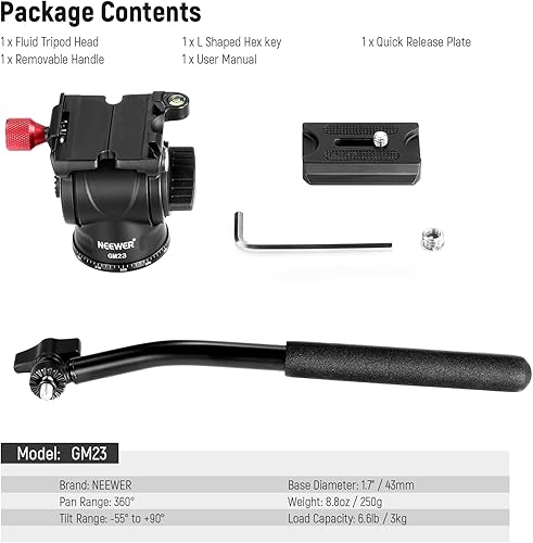Miniatura 8 de NEEWER Cabezal de trípode fluido con mango y tipo Arca de liberación rápida, cabeza inclinable panorámica de arrastre de aleación de aluminio con