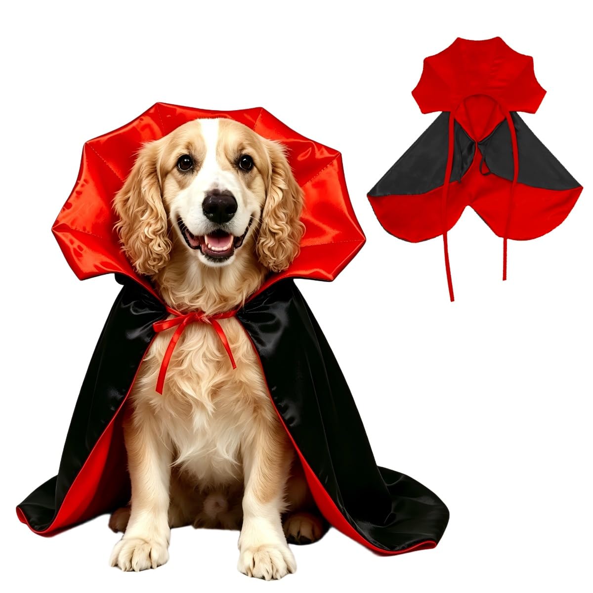 Halloween Dog Costume, Red Black Adjustable Vampire Cape Cloak with Stand-Up Collar, Fancy Dress Outfit for Small Medium Large Dogs, Cats, Puppy, Cosplay Party Pet Clothes