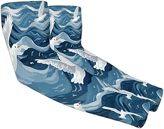 White Seagull UV Sun Protection Arm Sleeves, Ocean Gardening Sleeves with Thumb Hole Farm Cooling Arm Sleeves for Women Men