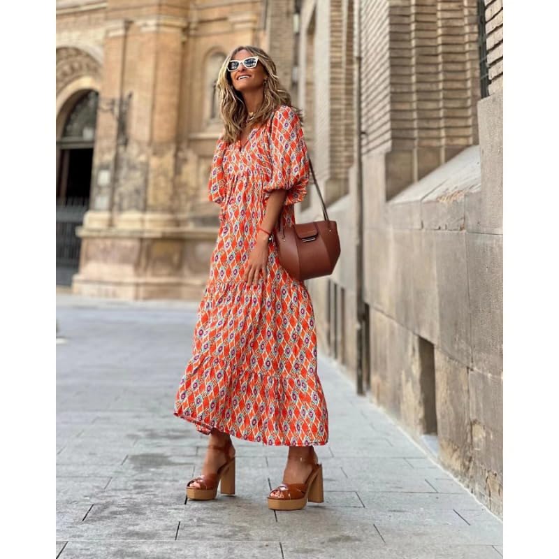 Womens 2024 Casual Boho Maxi Dresses V Neck 3/4 Puff Sleeve Geometric Pattern Smocked Ruffle Beach Long Sundress4