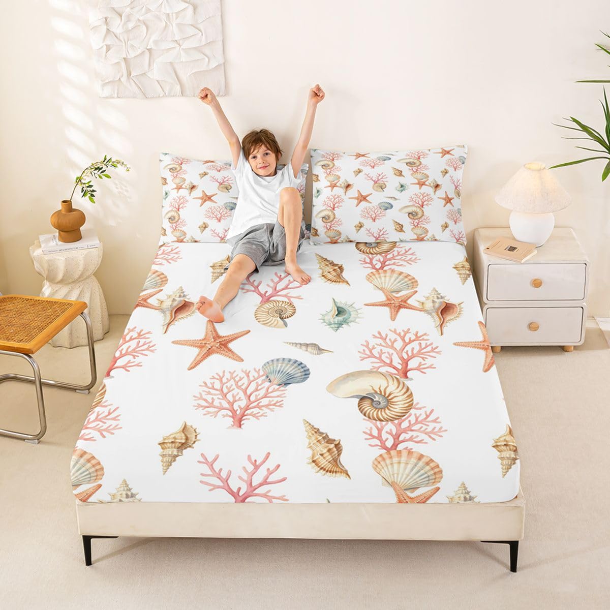 Homewish Coastal Beach prześcieradła podwójne oceaniczne stworzenia, prześcieradło z gumką, głęboka kieszeń, 40 cm, zestaw pościeli z muszlą, motyw koralowej rozgwiazdy, z 2 poszewkami na poduszki