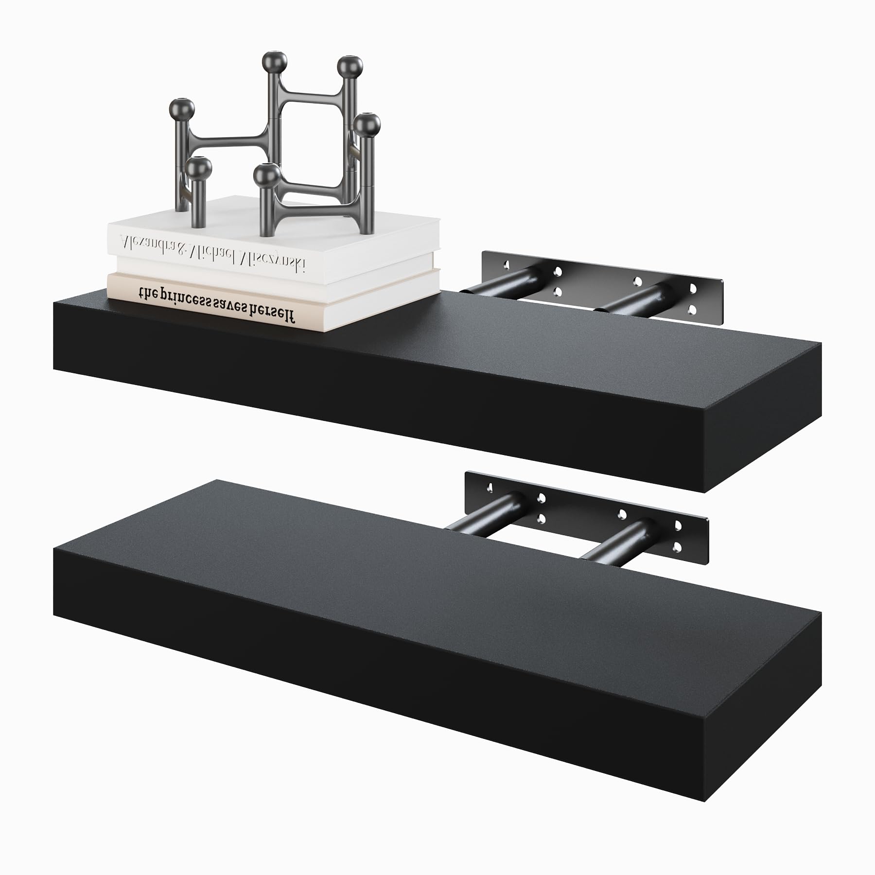 BAMEOS Lot de 2 étagères murales flottantes en Bois Noir avec Supports Invisibles pour Chambre à Coucher, Salle de Bain, Salon et Cuisine