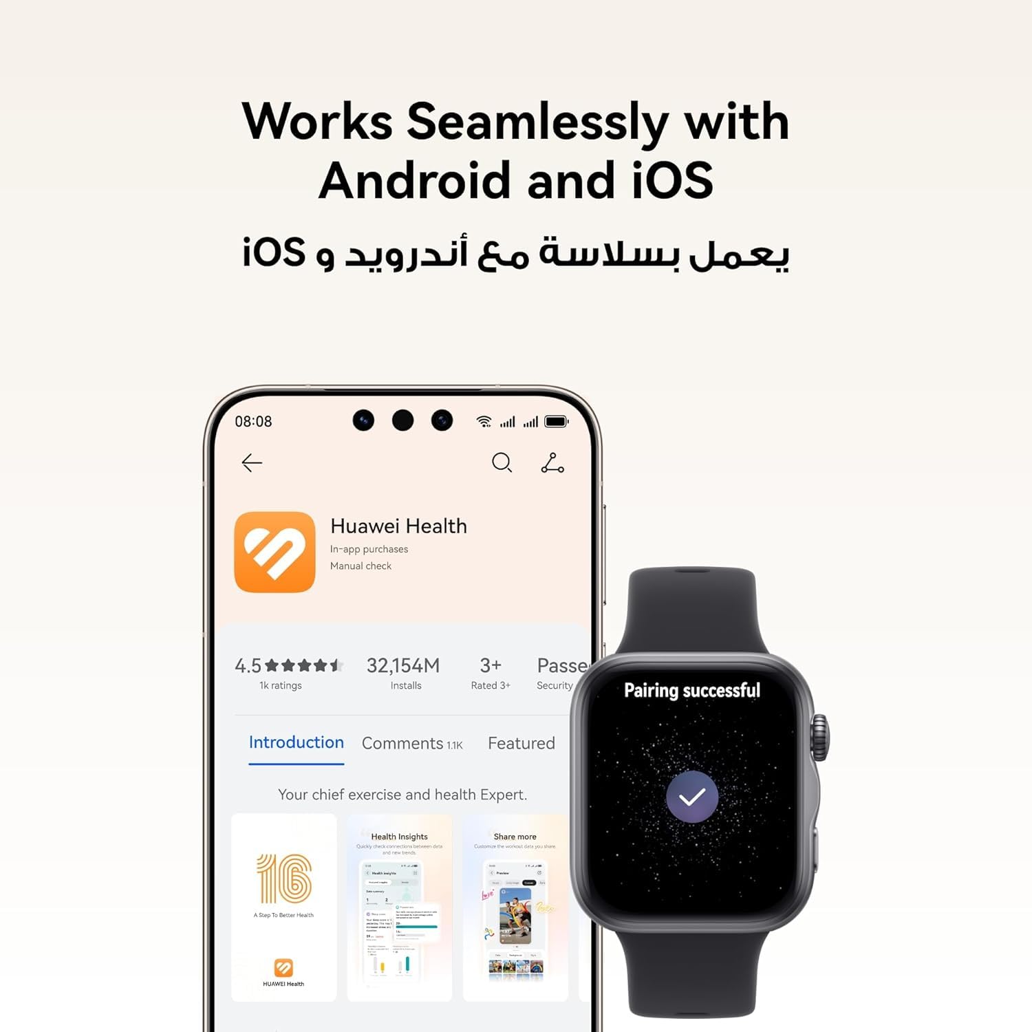 HUAWEI Watch FIT 5 Smartwatch, GPS, 1,82-calowy wyświetlacz AMOLED, NFC, śledzenie zdrowia, wodoodporność 5 ATM, wykrywanie upadku, do 10 dni pracy na baterii, działa z systemami iOS i Android, czarny
