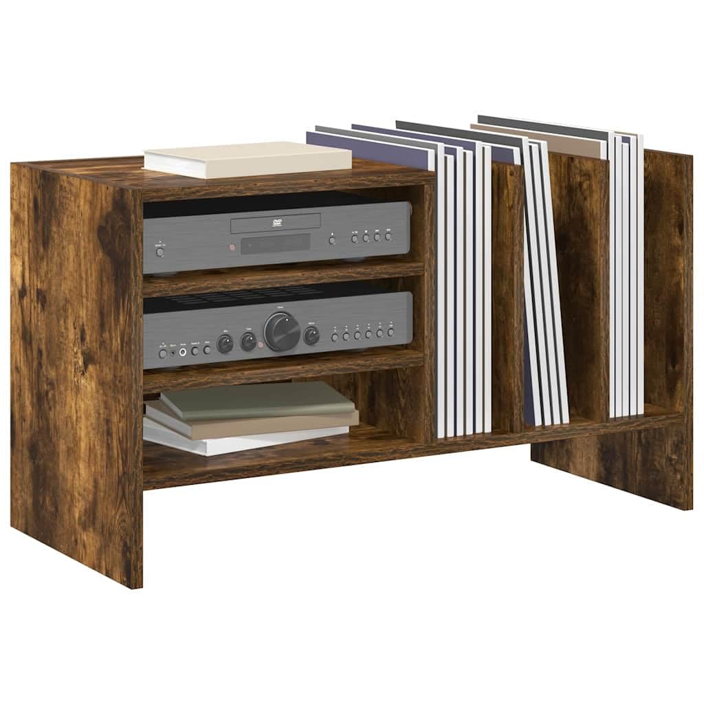 Armadietto per dischi in rovere affumicato, 78,5 x 35 x 45 cm, con 6 ripiani, scaffale versatile per soggiorno, vinile, riviste, supporti multimediali, organizer