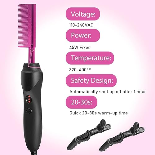 Vista 3 de Goiple Peine caliente eléctrico alisador de pelo rosa, peine alisador eléctrico para pelucas de cabello negro natural con diente ancho/cola de rata