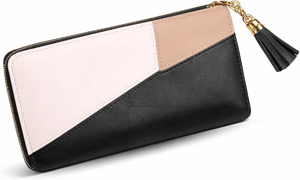 Carteira Feminina Grande com Zíper Porta Cartões e Moedas Carteira Longa Tricolor com Pingente, 8 Compartimentos para Cartões, Bolsinho Interno com Zíper, Pode Usar como Bolsinha (PRETO)
