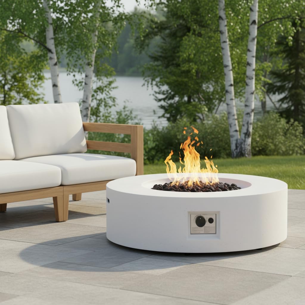Christopher Knight Home Shila Outdoor Propane Fire Pit Table with Lava Rock, No Assembly MGO Tank Table for Patio/Deck, 50000 BTU, Round Tabletop Fire Pit Outdoor, Modern Patio Fire Table, White